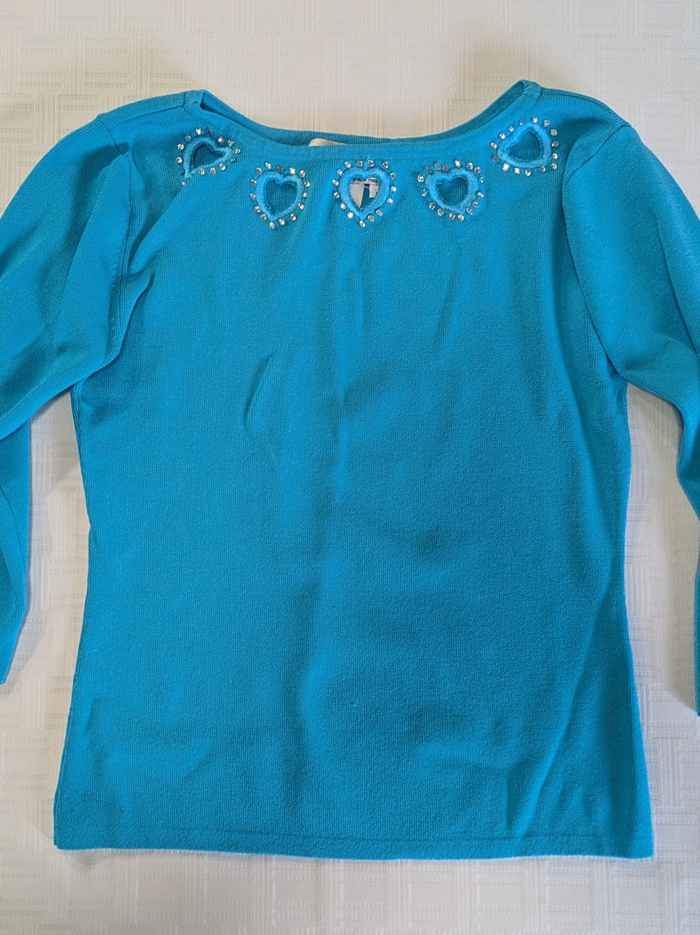 Joseph A Turquoise Heart Cutout Rhinestone Sweater Medium 3/4 Sleeve Y2K Coquett